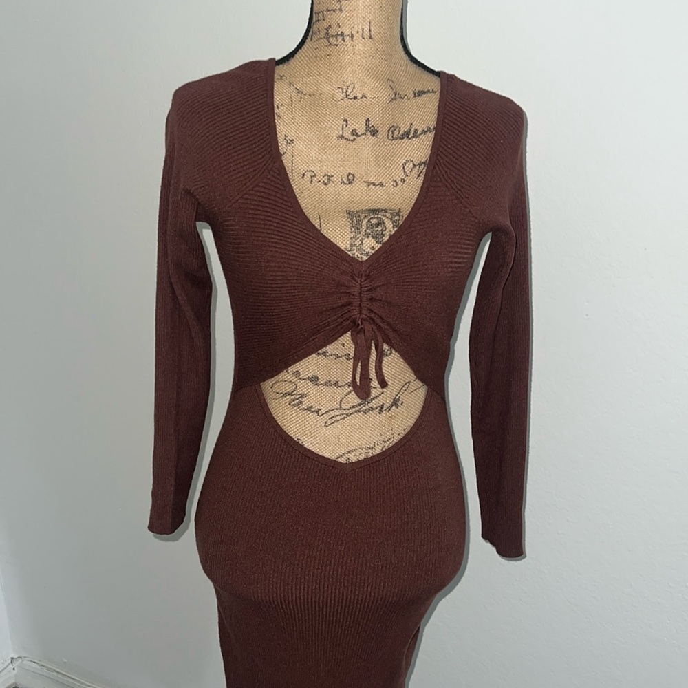 Brown Cut Out Mid Knee Body-con Dress